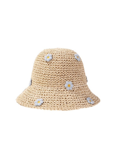 Close-up of woven straw texture and daisy design on Haila sun hat