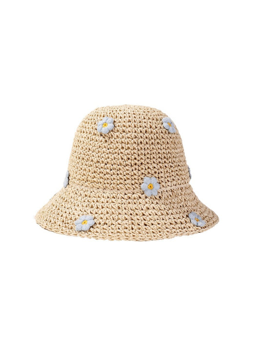 Close-up of woven straw texture and daisy design on Haila sun hat