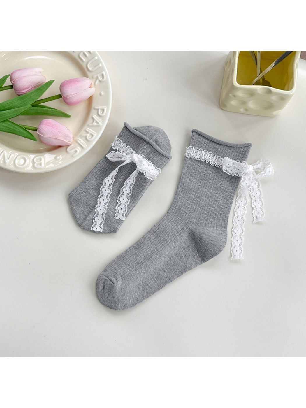Rufia - Ribbon Lace Ribbed Ankle Socks product image 5