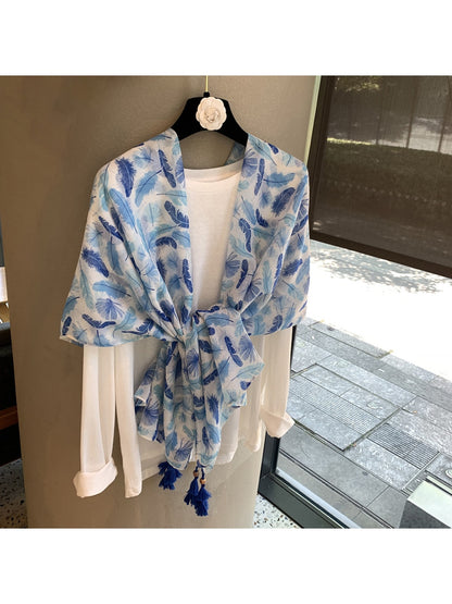 Scarvii - Blue Feather Pattern Layering Wrap Scarf
