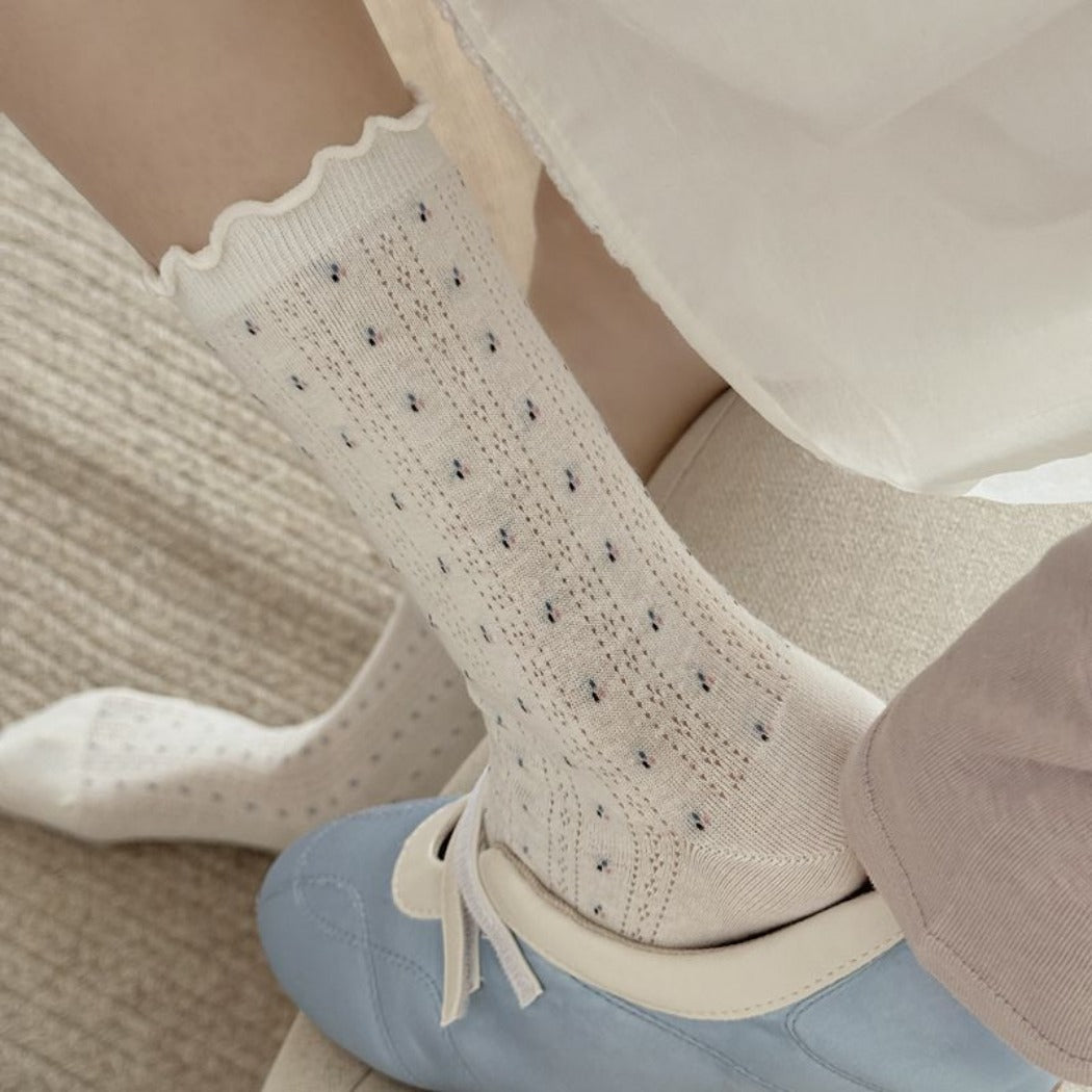 Rufia - Floral Lace-Trim Mid-Calf Socks - 4 Pretty Colors