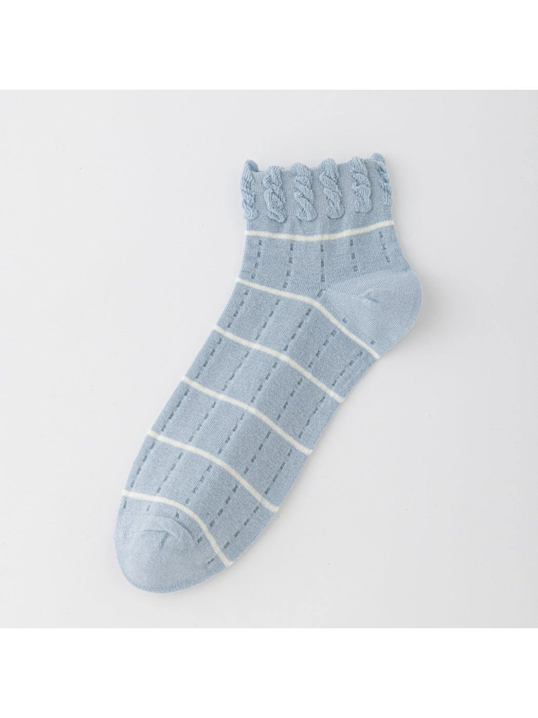 Rufia frill trim striped ankle socks styled with casual outfit on model