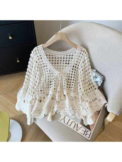 Crosa - V Neck Hollow Out Knit Pullover