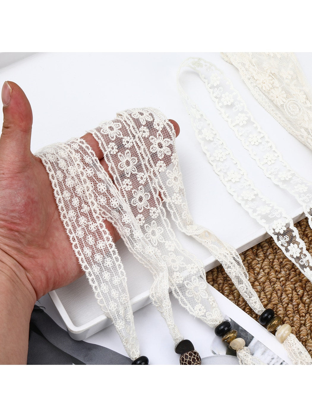 Scarvii - Lace Floral Print with Bead Detail Narrow Scarf