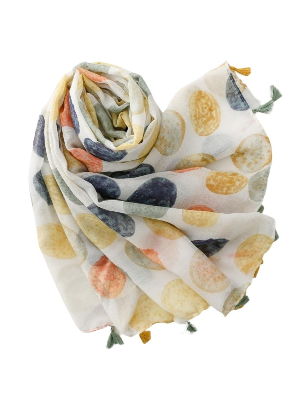 Scarvii scarf laid flat showing full watercolor dot pattern and tassel edges