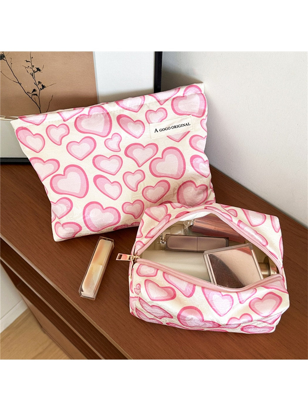 Cosbai - Pink White Heart Print Zipper Cosmetic Bag