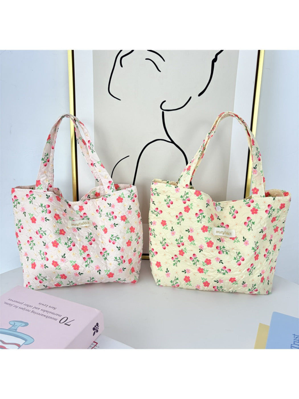 Cosbai – Quilted Floral & Bear Printed Tote Bag