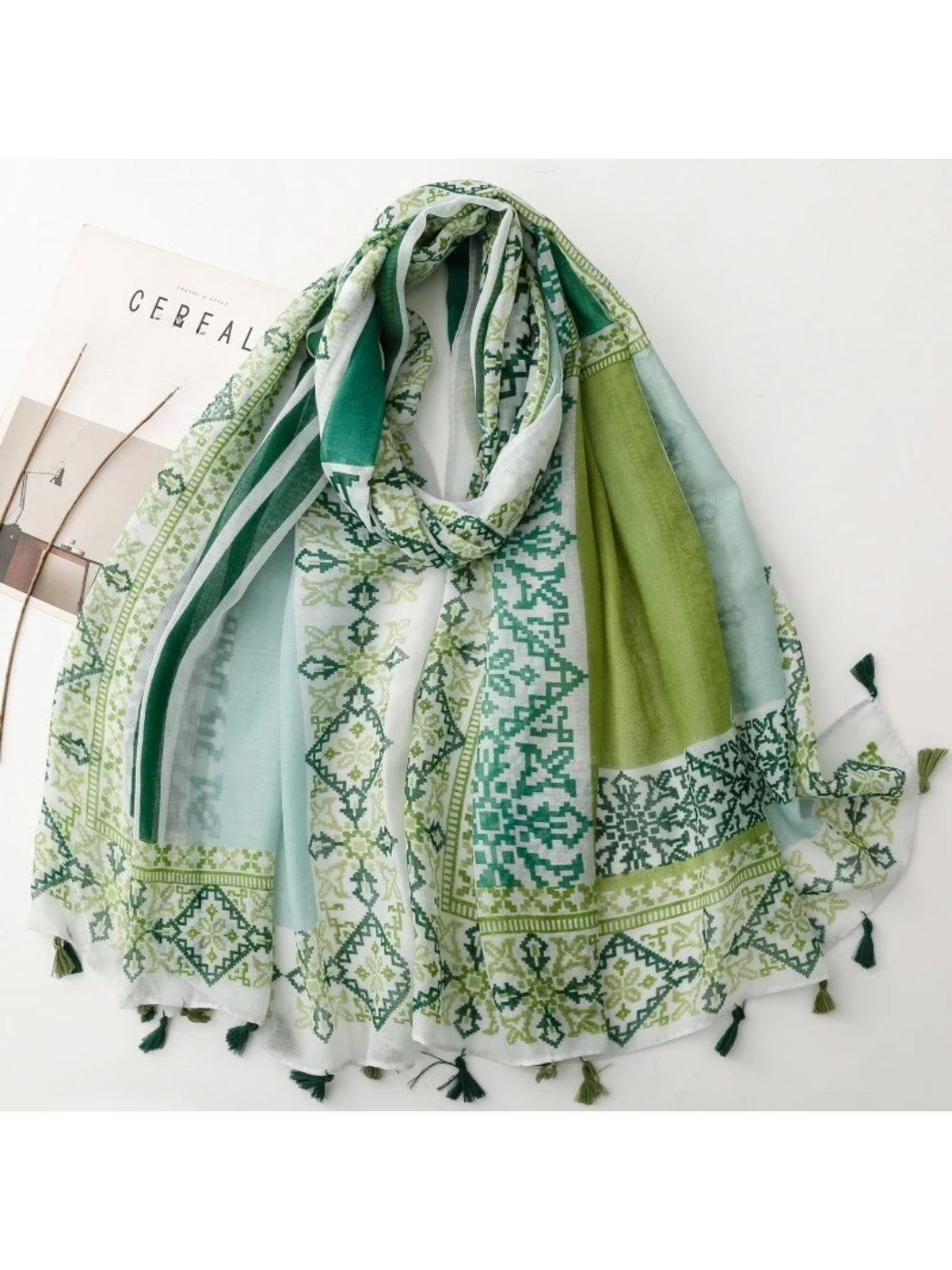 Scarvii - Green Geometric Patchwork Tassel Wrap Scarf