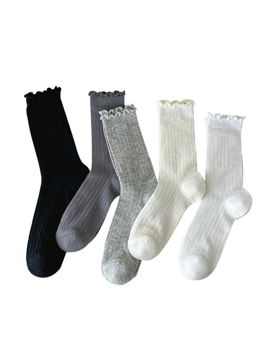Rufia lace white mid-calf socks displayed flat on a white background