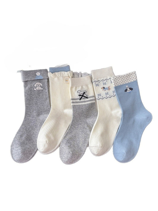 Pair of Rufia cute pattern knit socks in pastel colors displayed flat
