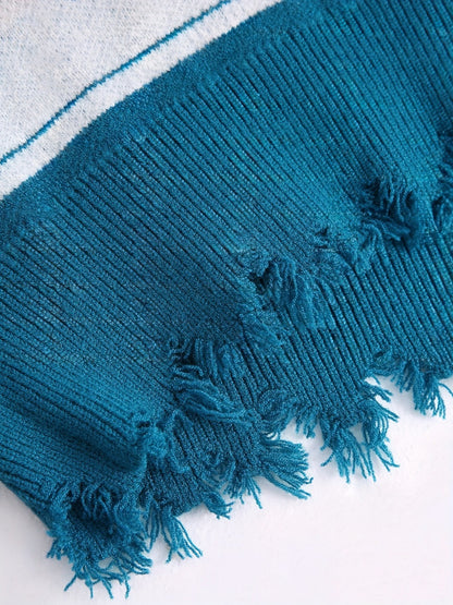 Crosa - Distressed Knit V-Neck Geometric Sweater