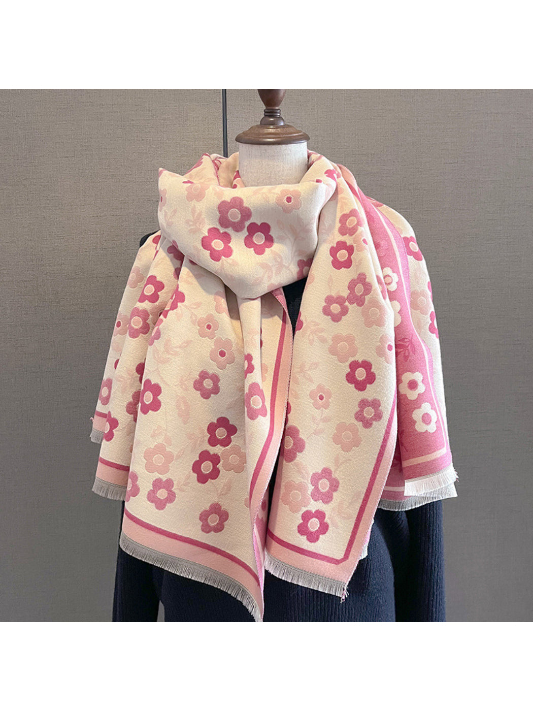 Scarvii - Retro Floral Contrast Border Fringe Scarf