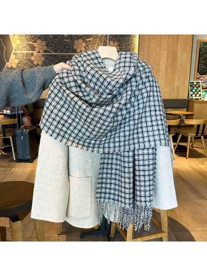 Scarvii - Textured Plaid Fringed Winter Scarf