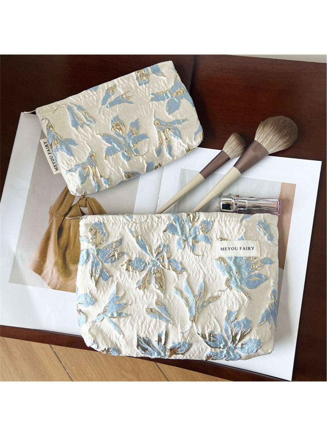 Cosbai - Pastel Blue Jacquard Fabric Pouch