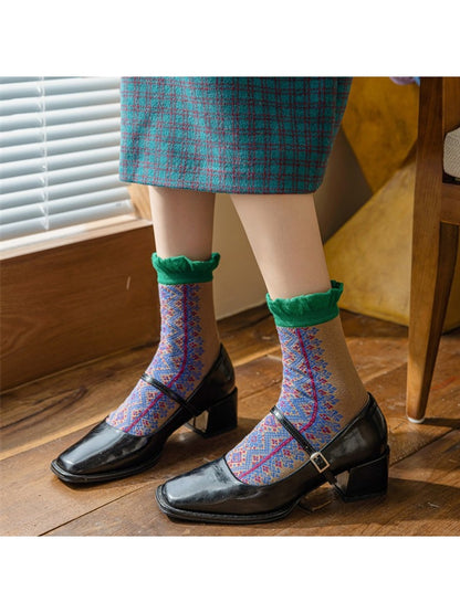 Rufia - Retro Pattern Ruffle Crew Socks
