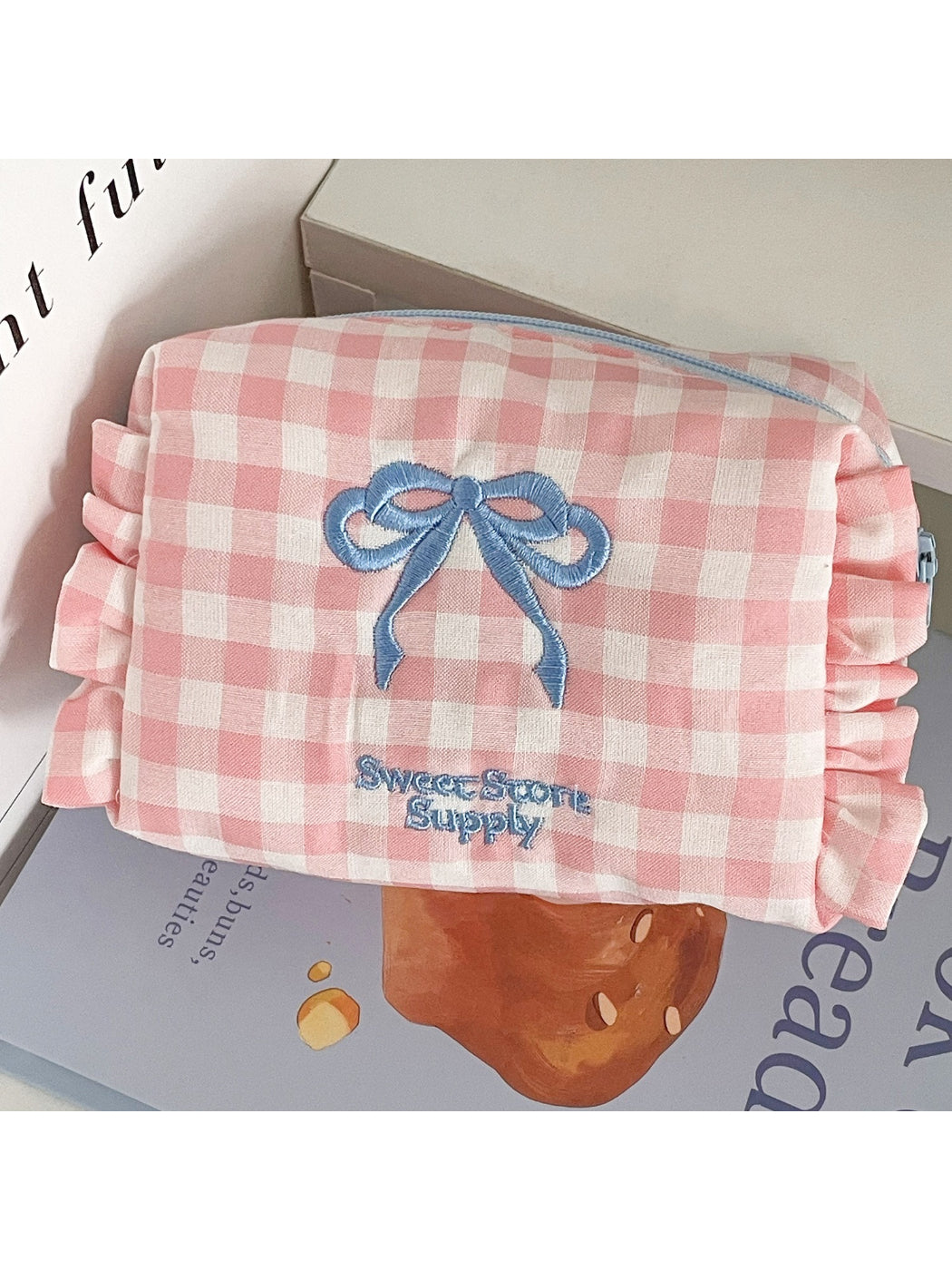 Cosbai Sweet Check Ruffle Makeup Bag with pink and white check pattern and ruffle detail