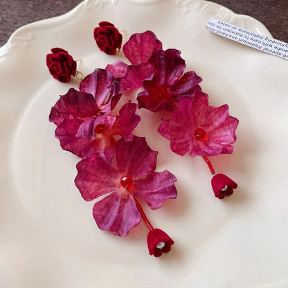 Earwish - Red Rose Floral Long Earrings - Romantic & Vintage