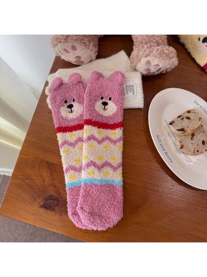 Rufia - Bear Face Zigzag Fuzzy Crew Socks