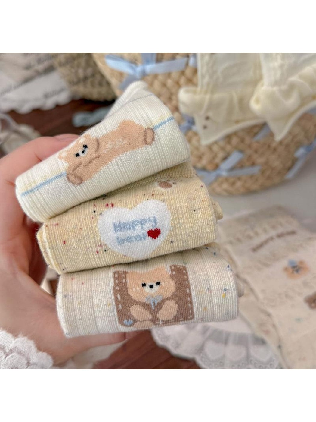Rufia - Pale Yellow Cartoon Bear Crew Socks