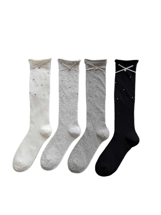 Rufia - Polka Dot Ribbon Bow Rolled Cuffs Knee High Socks