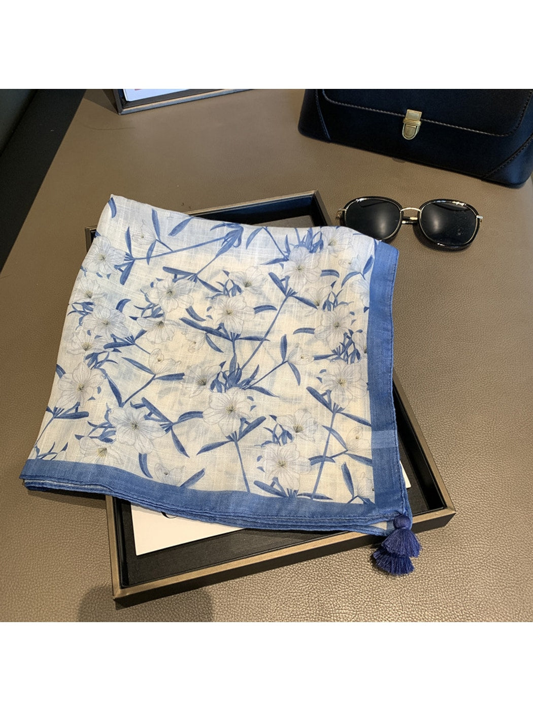 Scarvii - Soft Blue White Ink Floral Print Square Scarf