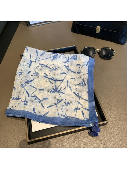 Scarvii - Soft Blue White Ink Floral Print Square Scarf