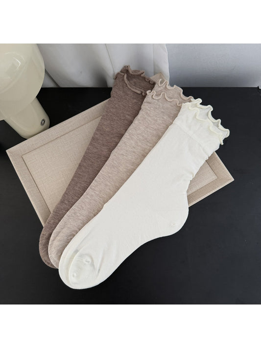 Rufia - Layered Ruffle Trim Solid Crew Socks