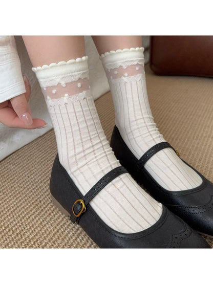 Rufia - Muted Polka Dot Ruffle Trim Crew Socks