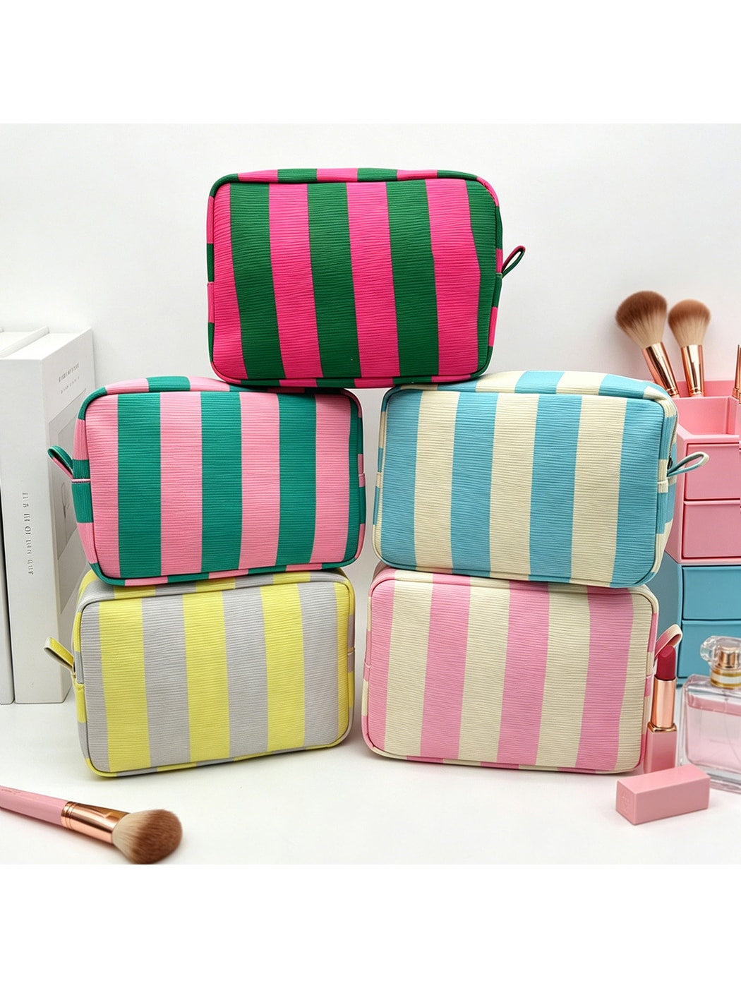 Cosbai - Striped Zipper Cosmetic Organizer Bag