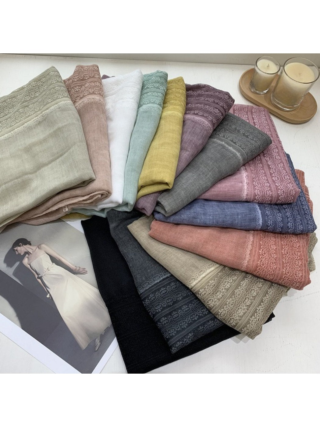 Scarvii - Lace Trim Solid Color Long Fashion Scarf