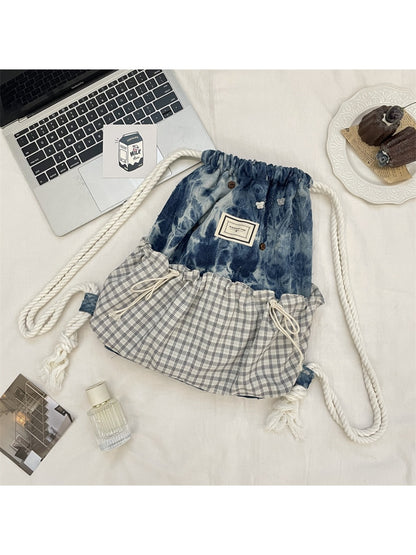 Cosbai – Plaid & Denim Drawstring Backpack