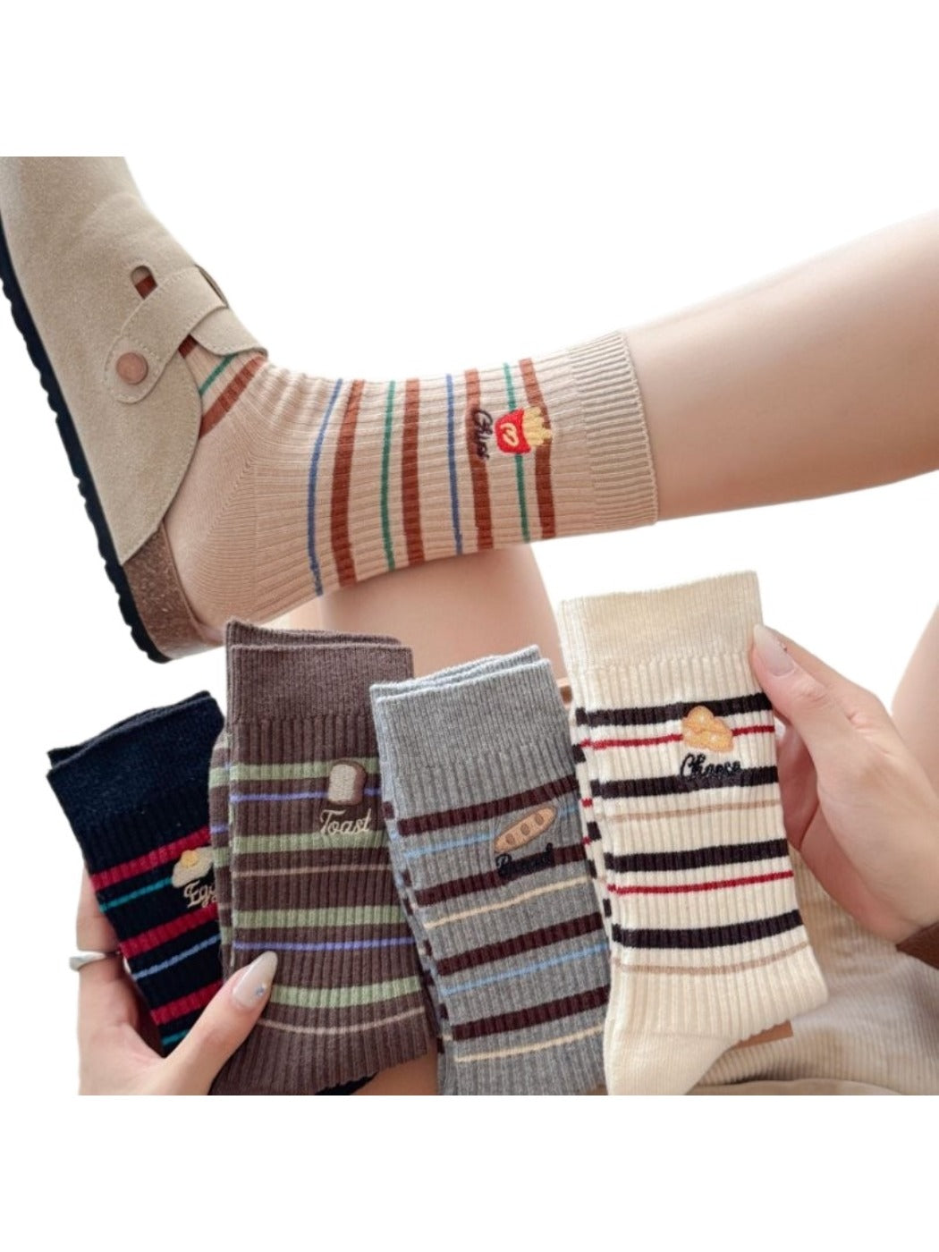 Rufia - Fun Embroidered Stripe Mid-Calf Winter Socks
