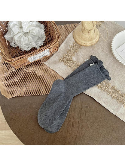 Rufia - Beaded Decorate Solid Color Crew Socks