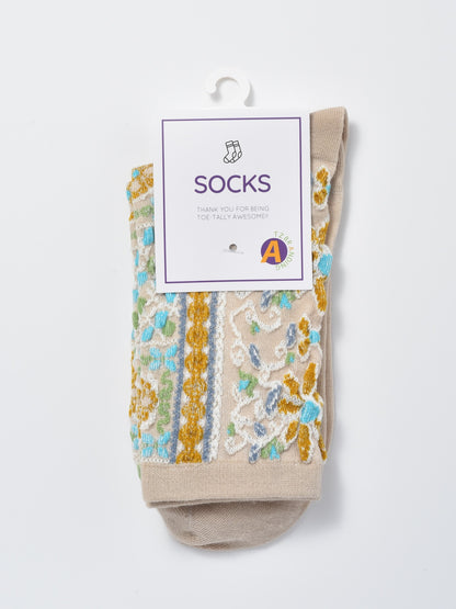 Rufia - Boho Tapestry Embroidery Crew Socks