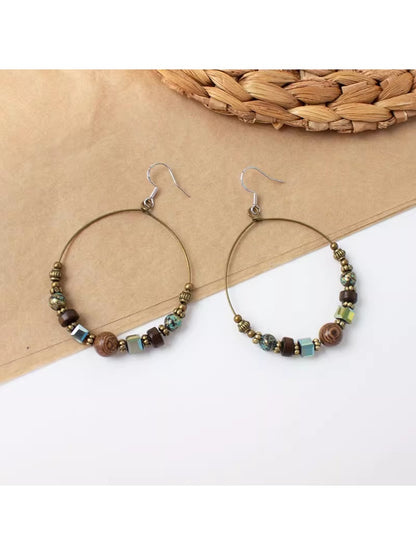 Earwish - Boho Vintage Beaded Hoop Earrings - Brown & Chic