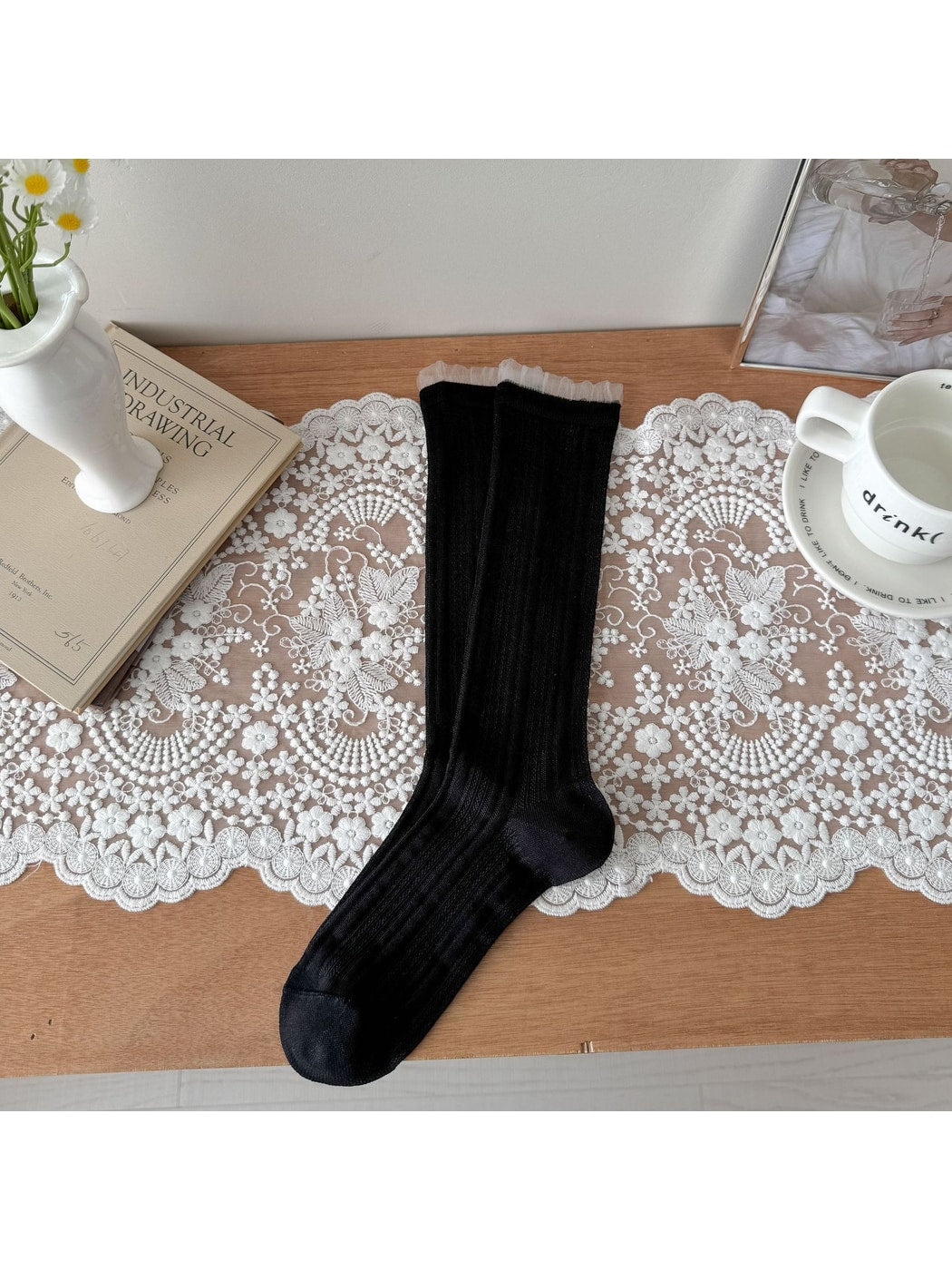 Rufia - Sheer Ribbed Crew Socks with Ruffled Cuff