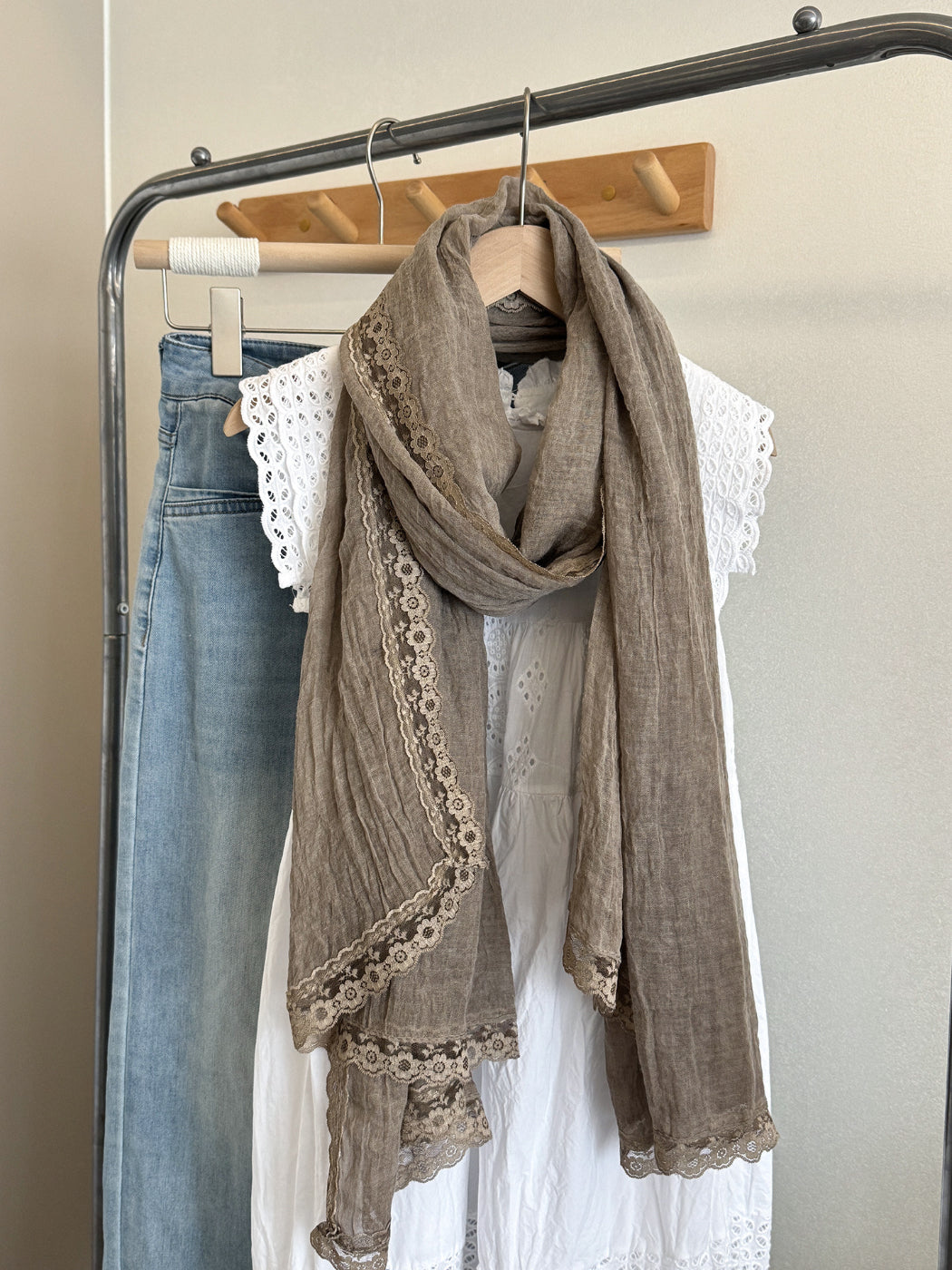 Scarvii - Lace Trim Crinkle Long Scarf