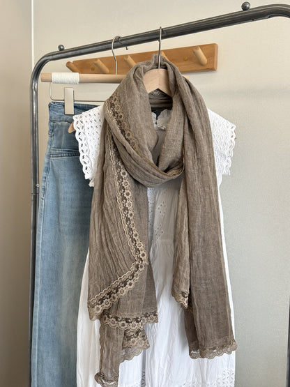 Scarvii - Lace Trim Crinkle Long Scarf