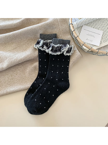 Rufia - Polka Dot Lace Ruffle Trim Crew Socks