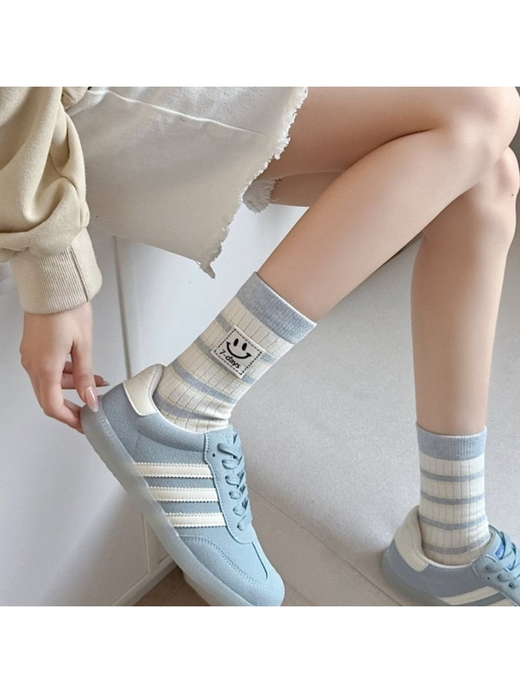 Rufia - 7 Days Smile Patch Striped Crew Socks