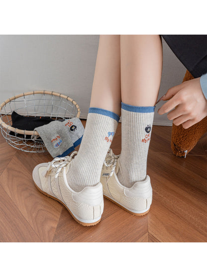 Rufia – Color-Block Cat & Fish Embroidery Socks