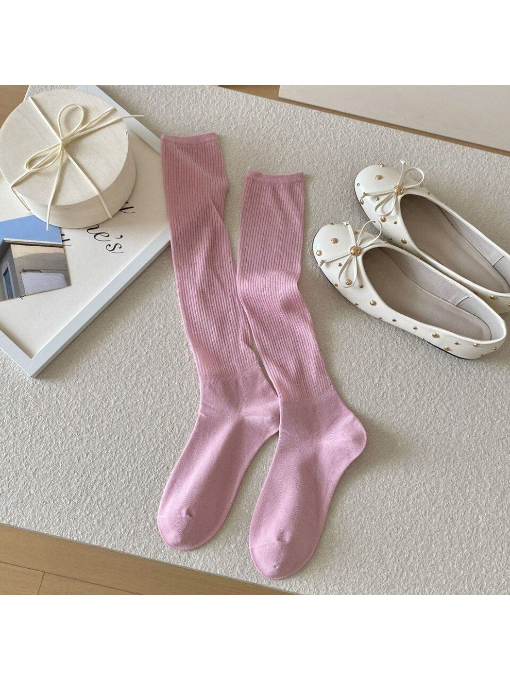 Rufia - Solid Color Ribbed Knee-high Socks