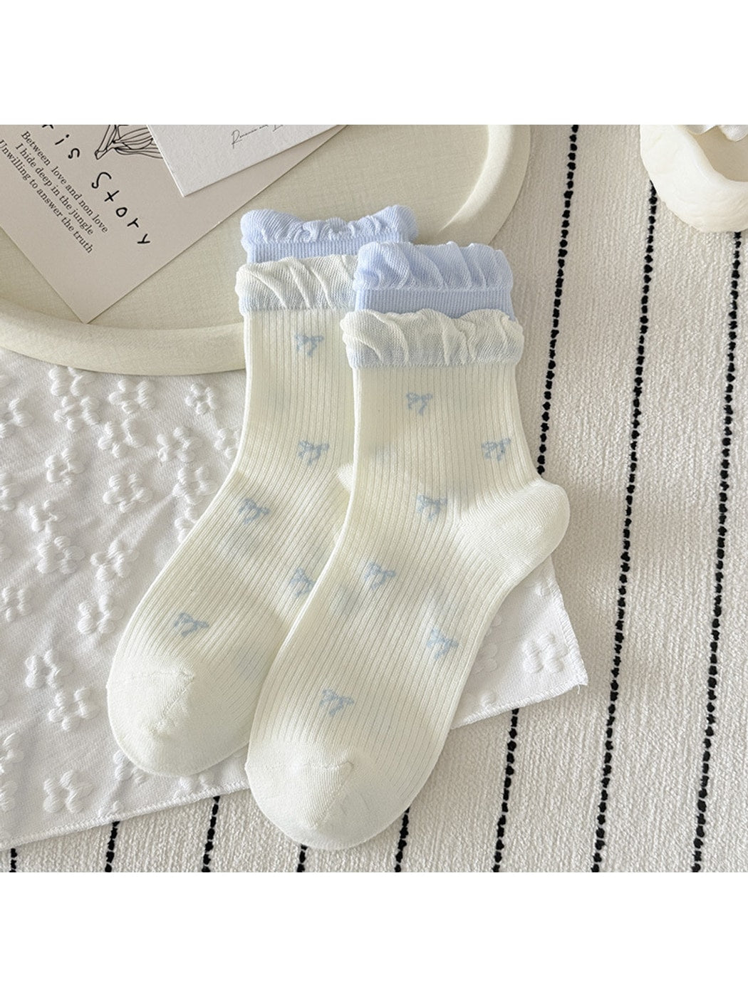 Rufia - Cute Double Cuff Contrast Detail Crew Socks