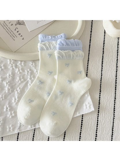 Rufia - Cute Double Cuff Contrast Detail Crew Socks