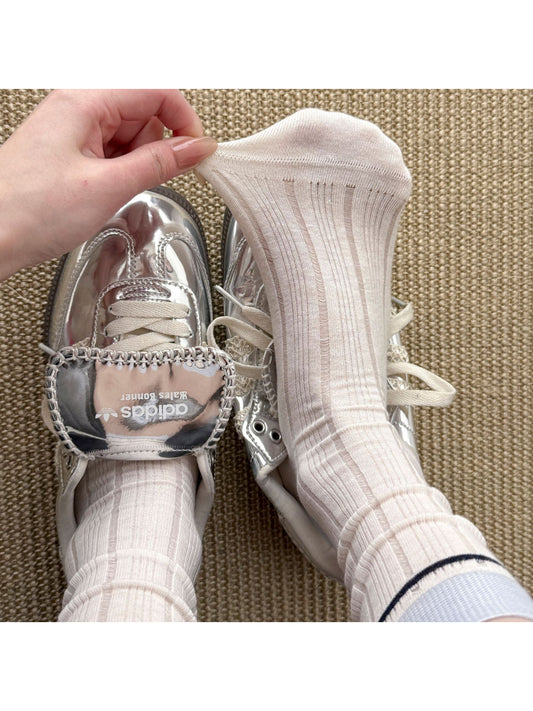 Close-up of ribbed texture and contrast stripes on Rufia crew socks