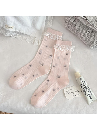Rufia Romantic Lace Cuff Crew Socks in white with intricate lace cuff detail