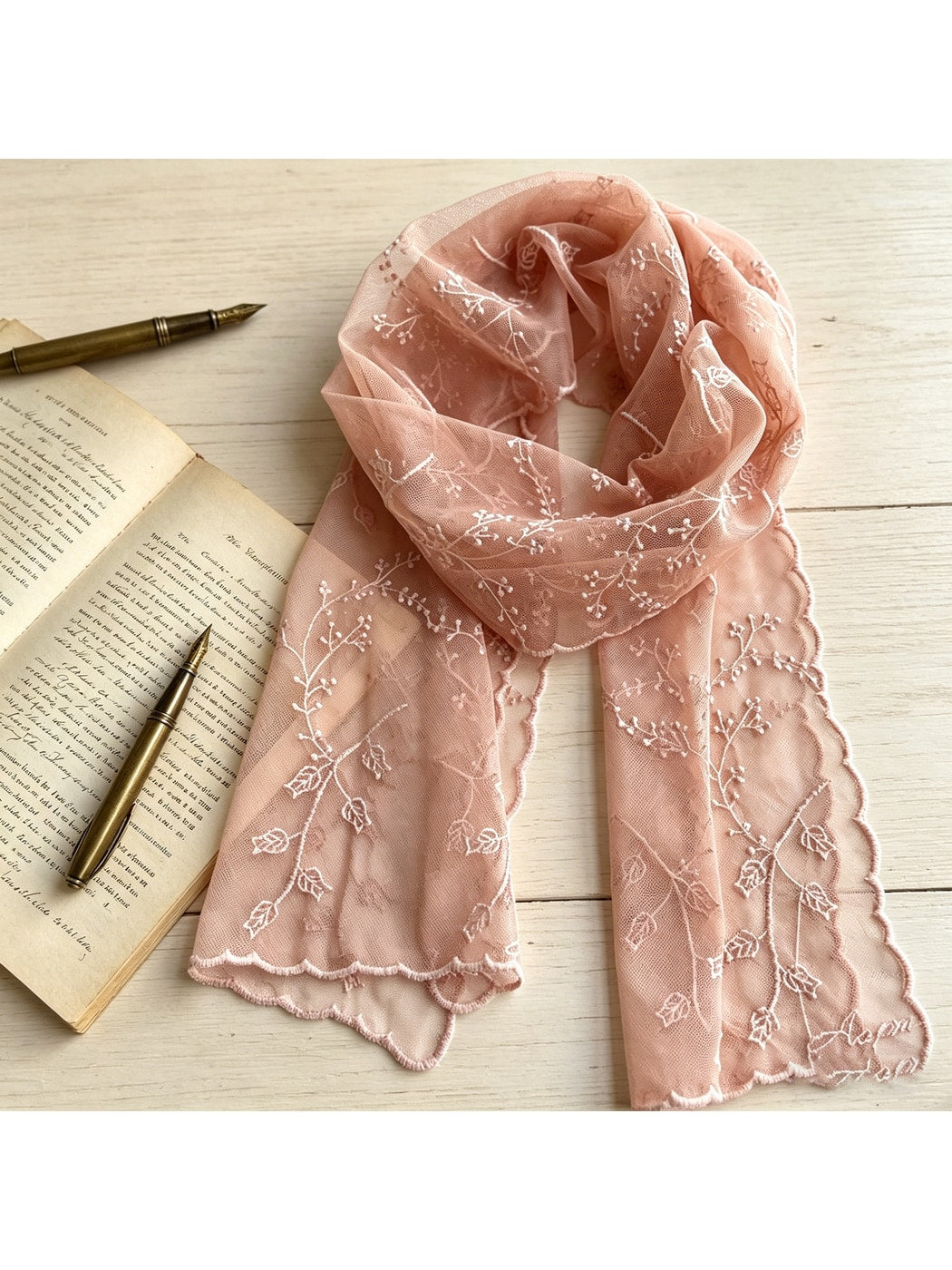 Scarvii - Scalloped Edge Embroidered Long Scarf