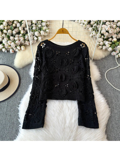 Crosa - Floral Hollow Out Round Neck Pullover