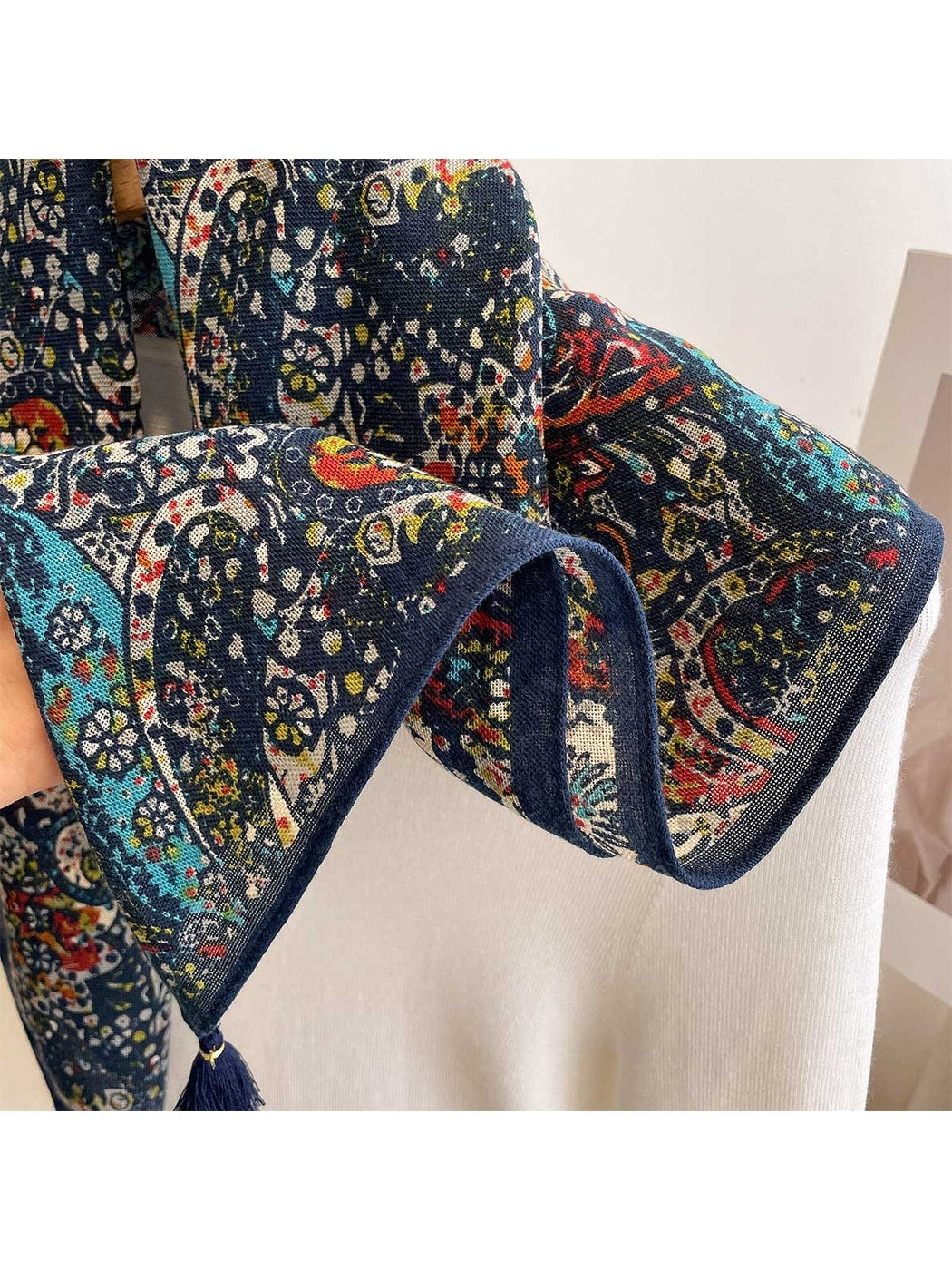 Scarvii - Bright Paisley Print Tassel Trim Square Scarf