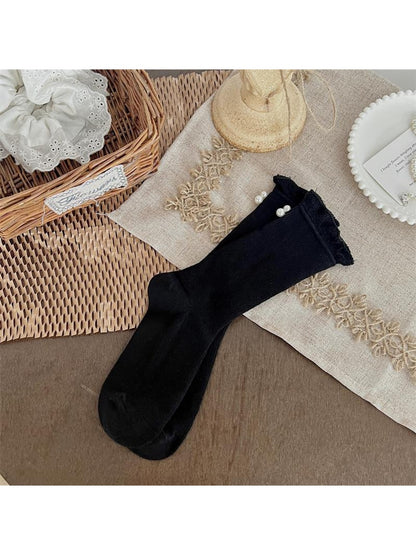 Rufia - Beaded Decorate Solid Color Crew Socks